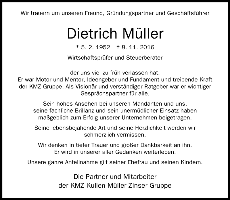 Traueranzeige für Dietrich Müller vom 10.11.2016 aus Kreiszeitung Böblinger Bote