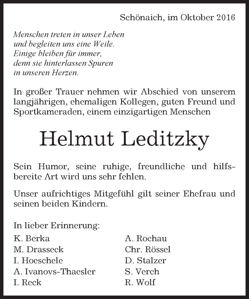  Traueranzeige für Helmut Leditzky vom 10.11.2016 aus Kreiszeitung Böblinger Bote