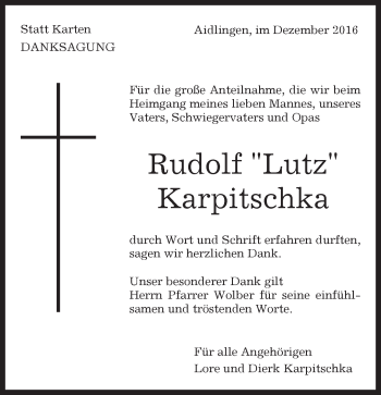 Traueranzeige von Rudolf Lutz Karpitschka von Kreiszeitung Böblinger Bote