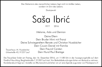 Traueranzeige von Sasa Ibric von Kreiszeitung Böblinger Bote