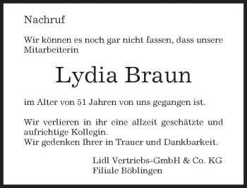 Traueranzeige von Lydia Braun von Kreiszeitung Böblinger Bote