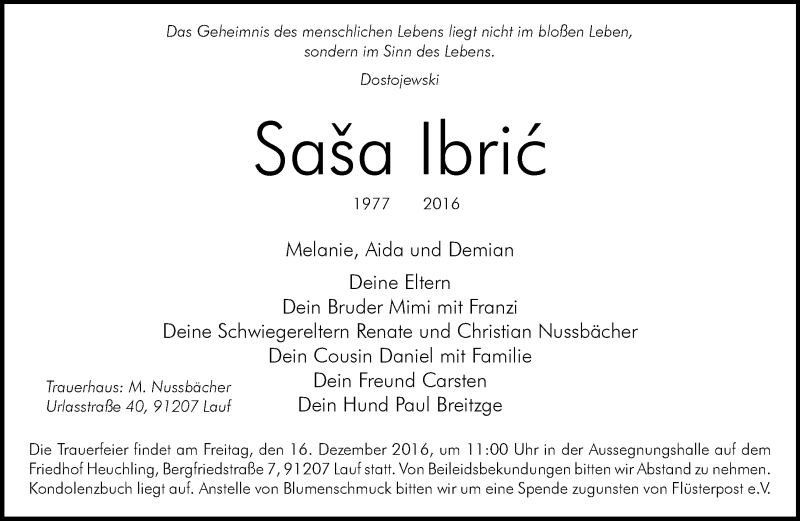  Traueranzeige für Sasa Ibric vom 13.12.2016 aus Kreiszeitung Böblinger Bote