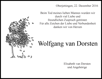 Traueranzeige von Wolfgang van Dorsten von Kreiszeitung Böblinger Bote