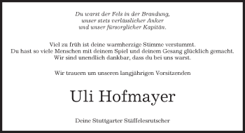 Traueranzeige von Uli Hofmayer von Kreiszeitung Böblinger Bote