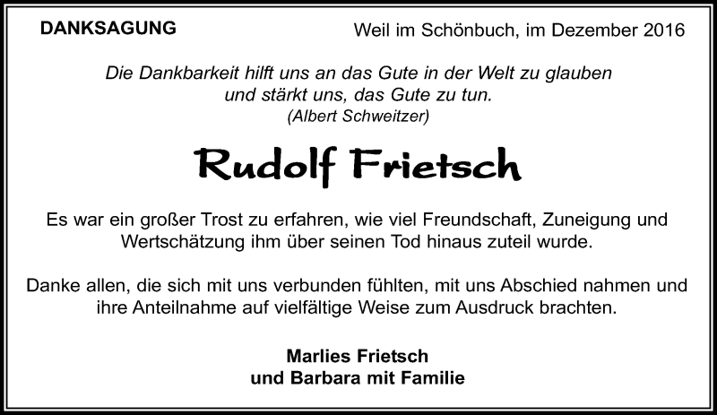  Traueranzeige für Rudolf Frietsch vom 08.12.2016 aus Kreiszeitung Böblinger Bote