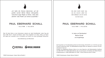 Traueranzeige von Paul Eberhard Schall von Kreiszeitung Böblinger Bote