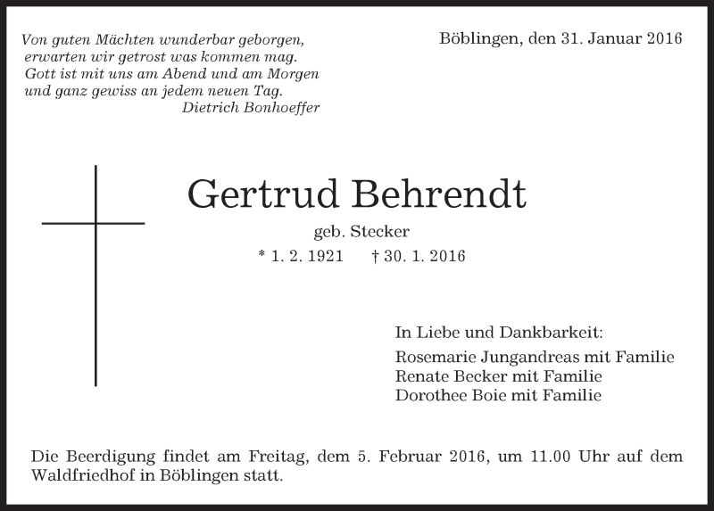  Traueranzeige für Gertrud Behrendt vom 02.02.2016 aus Kreiszeitung Böblinger Bote