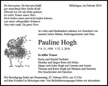 Traueranzeige von Pauline Hogh von Kreiszeitung Böblinger Bote
