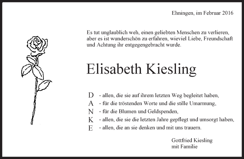  Traueranzeige für Elisabeth Kiesling vom 04.02.2016 aus Kreiszeitung Böblinger Bote