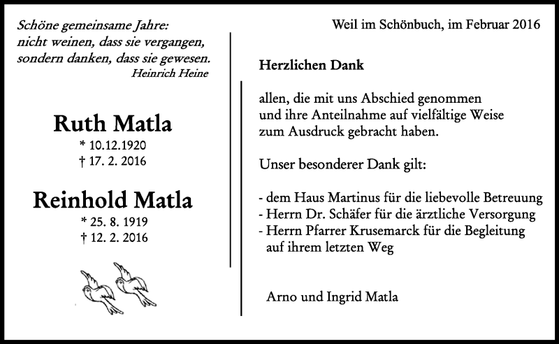  Traueranzeige für Ruth und Reinhold Matla vom 25.02.2016 aus Kreiszeitung Böblinger Bote