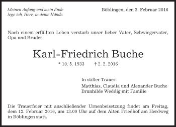 Traueranzeige von Karl-Friedrich Buche von Kreiszeitung Böblinger Bote