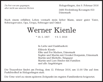 Traueranzeige von Werner Kienle von Kreiszeitung Böblinger Bote