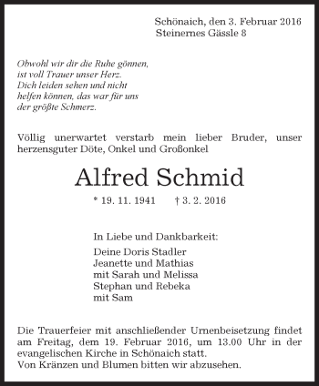 Traueranzeige von Alfred Schmid von Kreiszeitung Böblinger Bote