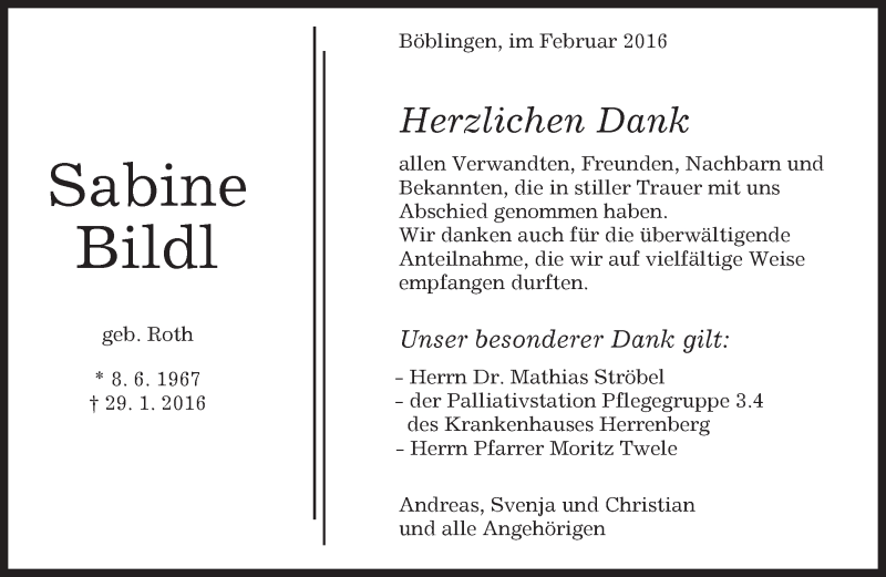  Traueranzeige für Sabine Bildl vom 20.02.2016 aus Kreiszeitung Böblinger Bote