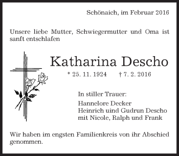 Traueranzeige von Katharina Descho von Kreiszeitung Böblinger Bote