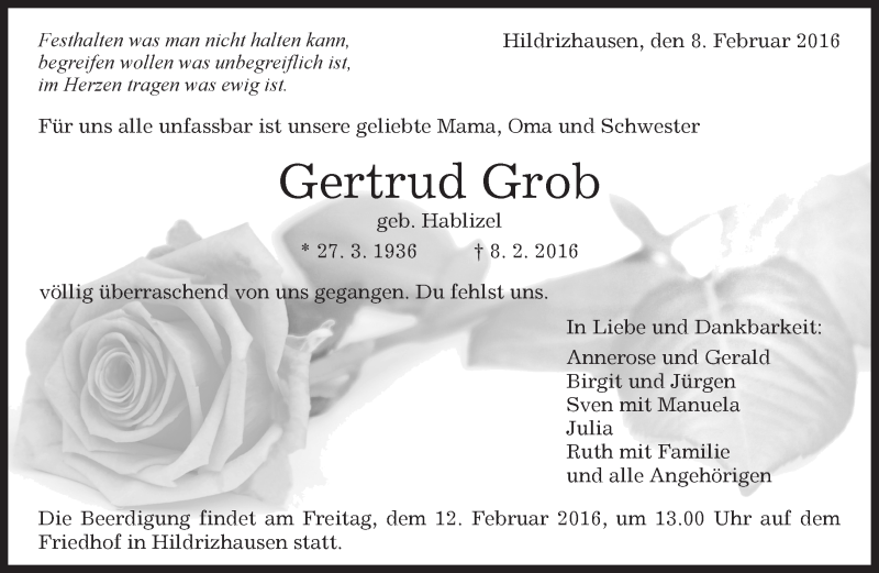  Traueranzeige für Gertrud Grob vom 10.02.2016 aus Kreiszeitung Böblinger Bote
