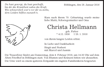 Traueranzeige von Christa Hellmann von Kreiszeitung Böblinger Bote