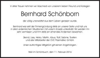 Traueranzeige von Bernhard Schönborn von Kreiszeitung Böblinger Bote