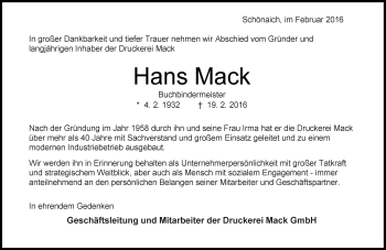 Traueranzeige von Hans Mack von Kreiszeitung Böblinger Bote