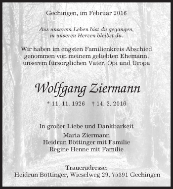 Traueranzeige von Wolfgang Ziermann von Kreiszeitung Böblinger Bote