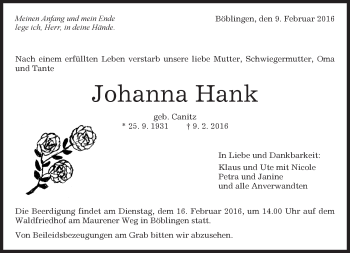 Traueranzeige von Johanna Hank von Kreiszeitung Böblinger Bote