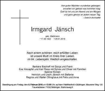 Traueranzeige von Irmgard Jänsch von Kreiszeitung Böblinger Bote