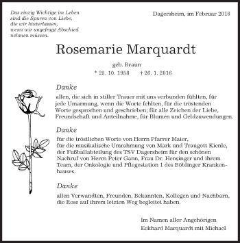 Traueranzeige von Rosemarie Marquardt von Kreiszeitung Böblinger Bote