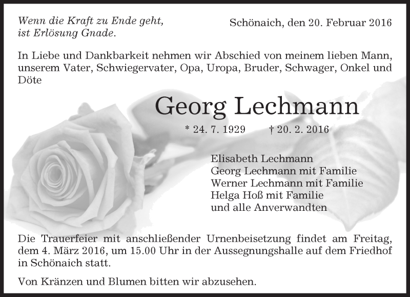  Traueranzeige für Georg Lechmann vom 24.02.2016 aus Kreiszeitung Böblinger Bote