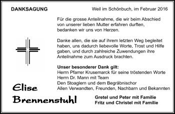 Traueranzeige von Elise Brennenstuhl von Kreiszeitung Böblinger Bote