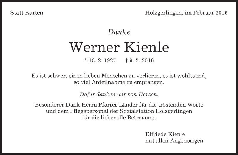  Traueranzeige für Werner Kienle vom 19.02.2016 aus Kreiszeitung Böblinger Bote