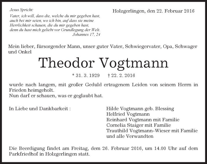  Traueranzeige für Theodor Vogtmann vom 24.02.2016 aus Kreiszeitung Böblinger Bote