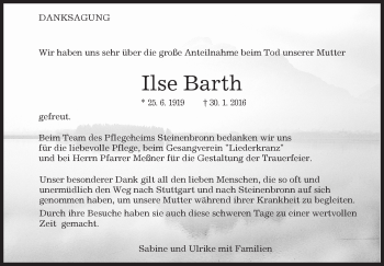 Traueranzeige von Ilse Barth von Kreiszeitung Böblinger Bote