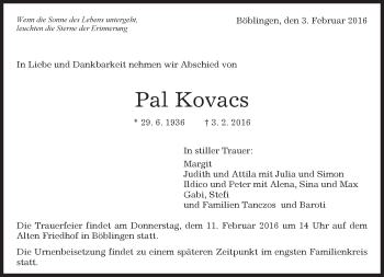 Traueranzeige von Pal Kovacs von Kreiszeitung Böblinger Bote