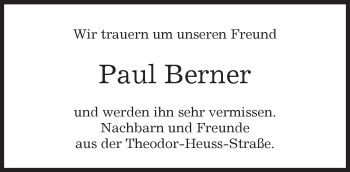 Traueranzeige von Paul Berner von Kreiszeitung Böblinger Bote