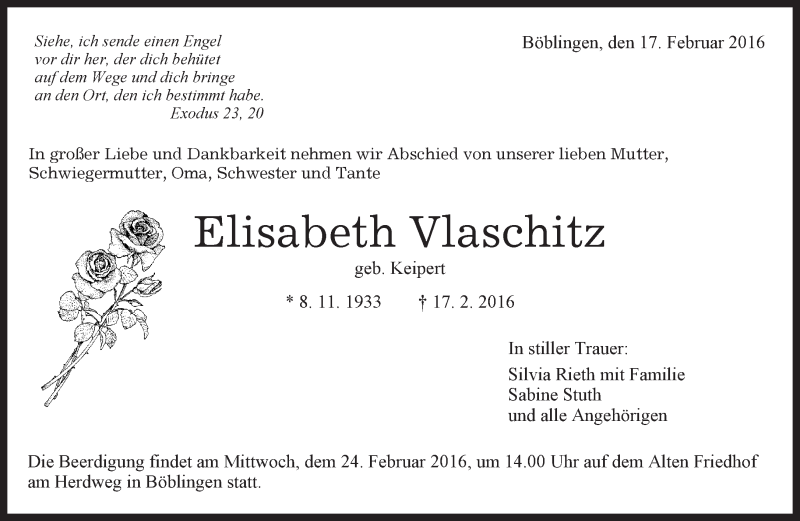  Traueranzeige für Elisabeth Vlaschitz vom 20.02.2016 aus Kreiszeitung Böblinger Bote