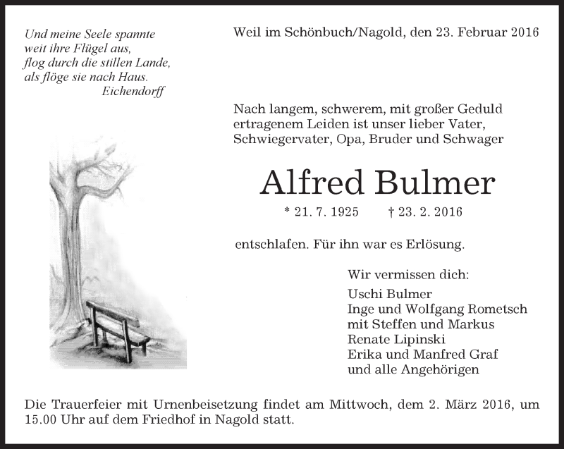  Traueranzeige für Alfred Bulmer vom 25.02.2016 aus Kreiszeitung Böblinger Bote