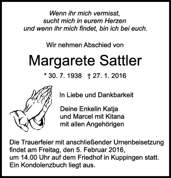 Traueranzeige von Margarete Sattler von Kreiszeitung Böblinger Bote