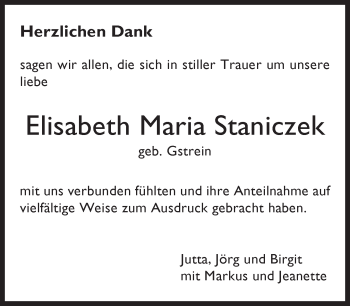 Traueranzeige von Elisabeth Maria Staniczek von Kreiszeitung Böblinger Bote