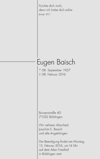 Traueranzeige von Eugen Baisch von Kreiszeitung Böblinger Bote