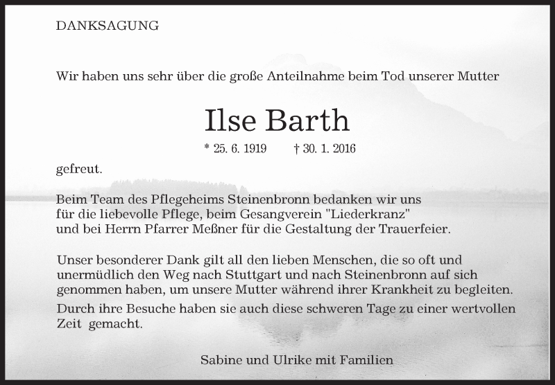  Traueranzeige für Ilse Barth vom 12.02.2016 aus Kreiszeitung Böblinger Bote