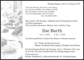 Traueranzeige von Ilse Barth von Kreiszeitung Böblinger Bote
