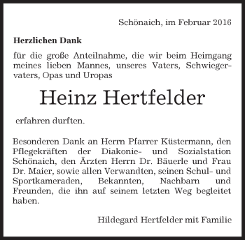 Traueranzeige von Heinz Hertfelder von Kreiszeitung Böblinger Bote