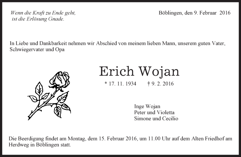  Traueranzeige für Erich Wojan vom 11.02.2016 aus Kreiszeitung Böblinger Bote
