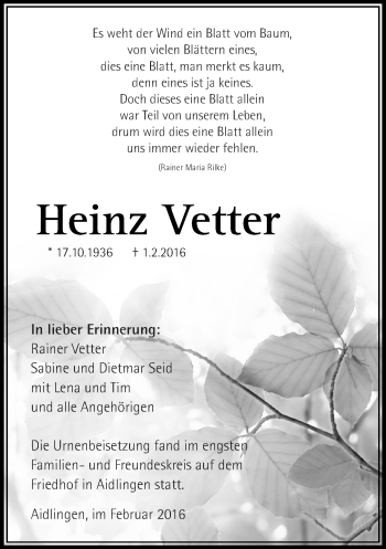 Traueranzeige von Heinz Vetter von Kreiszeitung Böblinger Bote