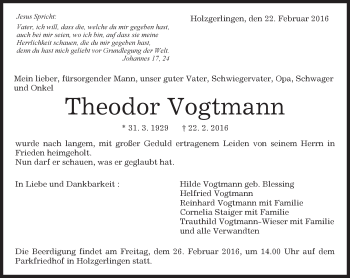 Traueranzeige von Theodor Vogtmann von Kreiszeitung Böblinger Bote