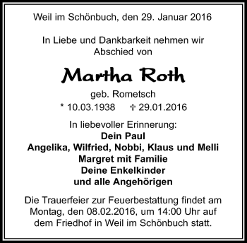 Traueranzeige von Martha Roth von Kreiszeitung Böblinger Bote