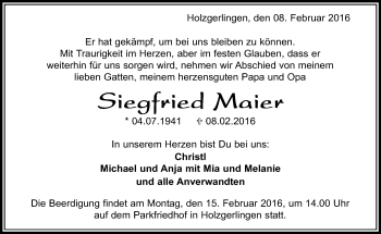 Traueranzeige von Siegfried Maier von Kreiszeitung Böblinger Bote