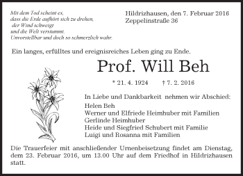 Traueranzeige von Will Beh von Kreiszeitung Böblinger Bote