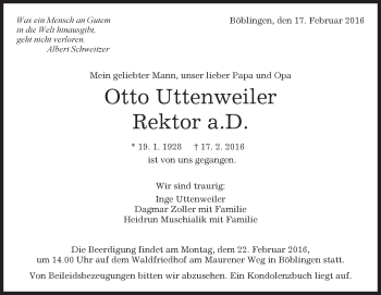 Traueranzeige von Otto Uttenweiler von Kreiszeitung Böblinger Bote