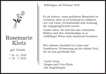 Traueranzeige von Rosemarie Klotz von Kreiszeitung Böblinger Bote